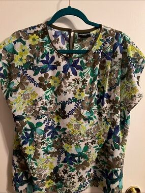 Liz Claiborne White Floral Short-Sleeve Blouse with Green & Blue Accents
